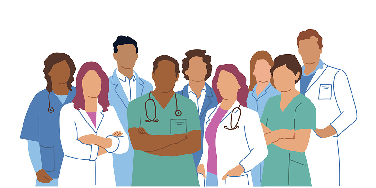 Health care professionals of different races and genders are portrayed in an abstract illustration.