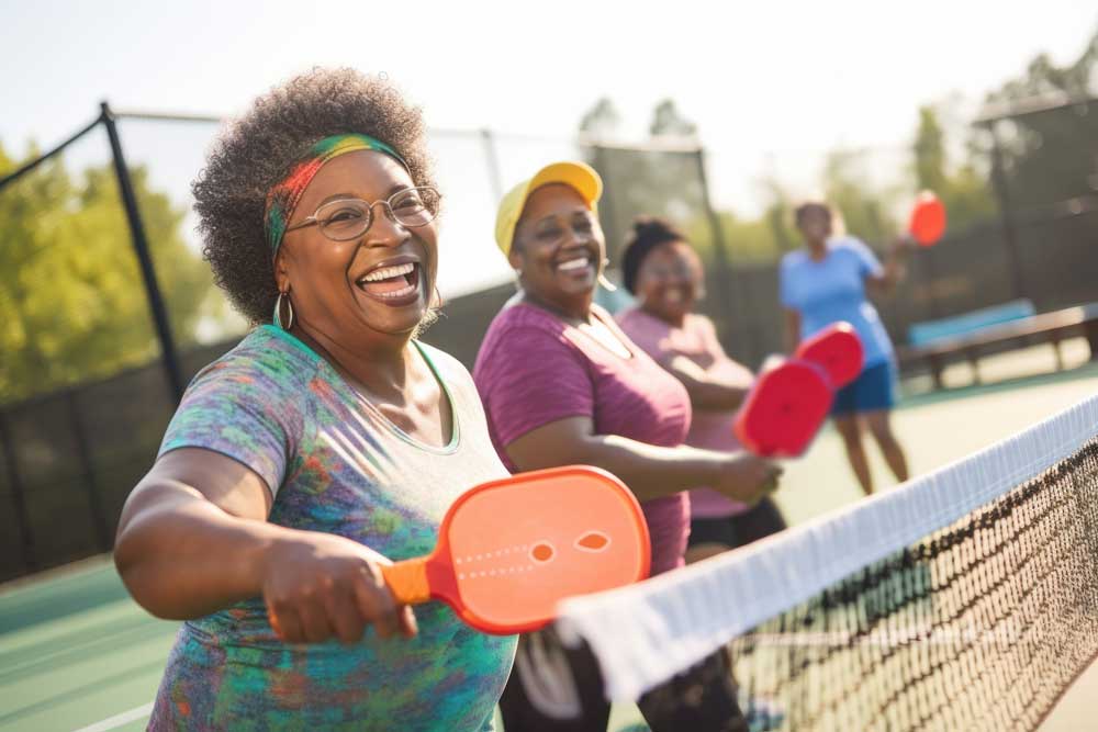 three smiling women holding paddles at pickleball net