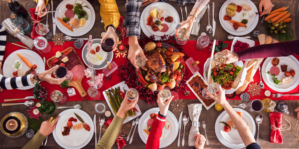 overhead of table with food and plates